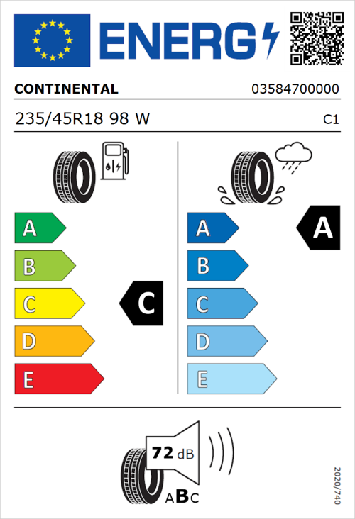 Tyre Label for Continental PremiumContact 6 235/45R18 98W