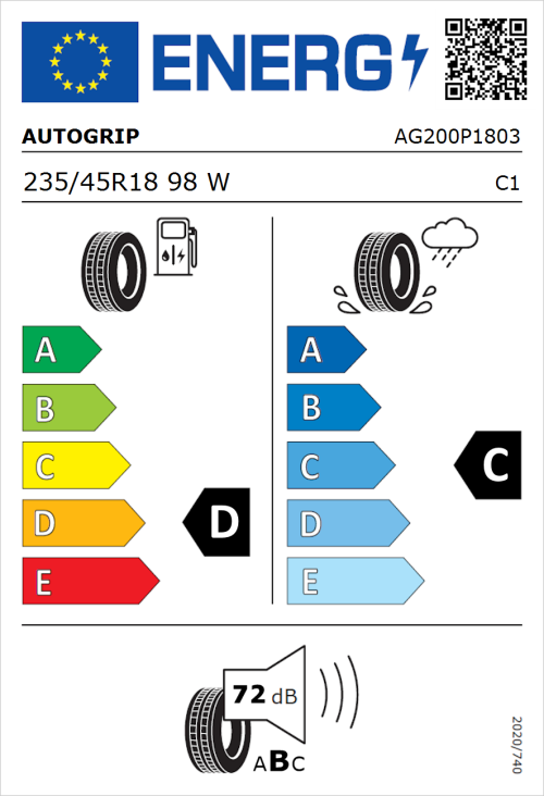 Tyre Label for Autogrip Grip 200 235/45R18 98W