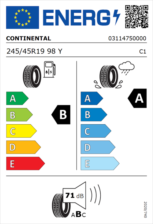 Tyre Label for Continental PremiumContact 6 245/45R19 98Y