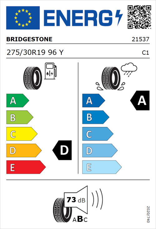 Tyre Label for Bridgestone Potenza Sport 275/30R19 96Y