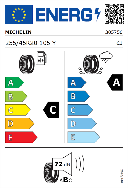 Tyre Label for Michelin Pilot Sport 4 SUV 255/45R20 105Y