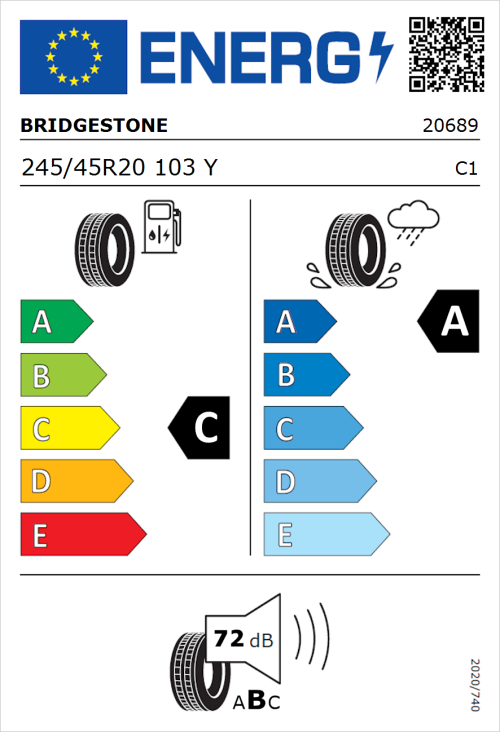 Tyre Label for Bridgestone Potenza Sport 245/45R20 103Y