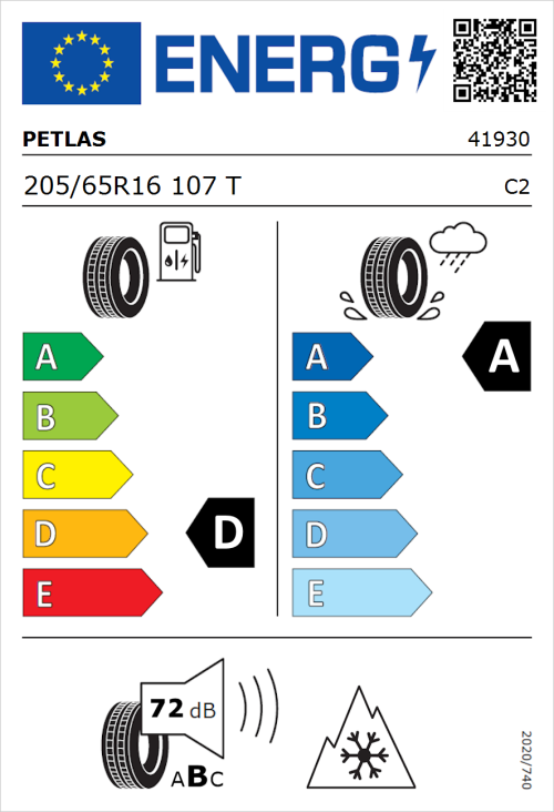 Tyre Label for Petlas Full Grip PT925 205/65R16 107T