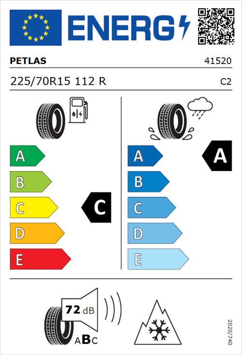 Tyre Label for Petlas Full Grip PT925 225/70R15 112R