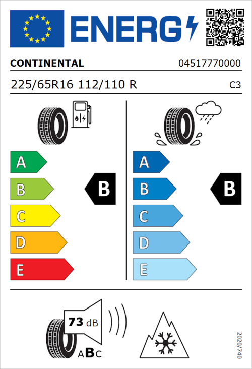 Tyre Label for Continental VanContact A/S Ultra 225/65R16 112/110R