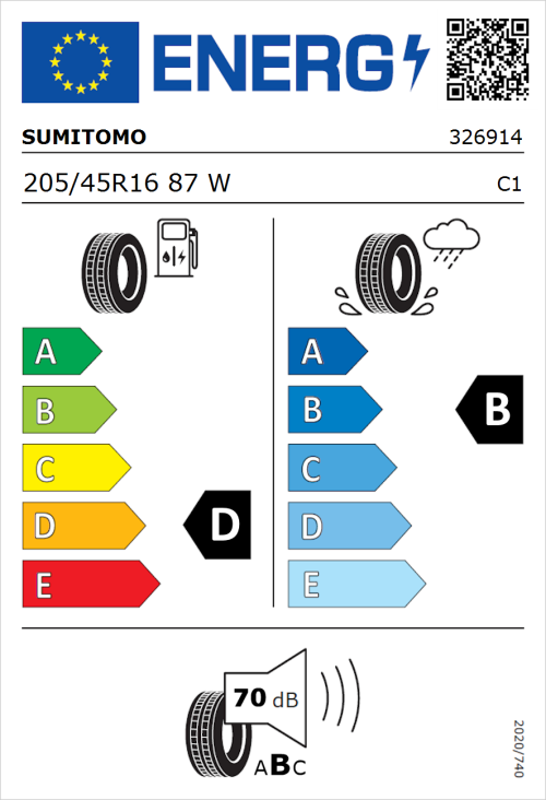 Tyre Label for Sumitomo BC100 205/45R16 87W